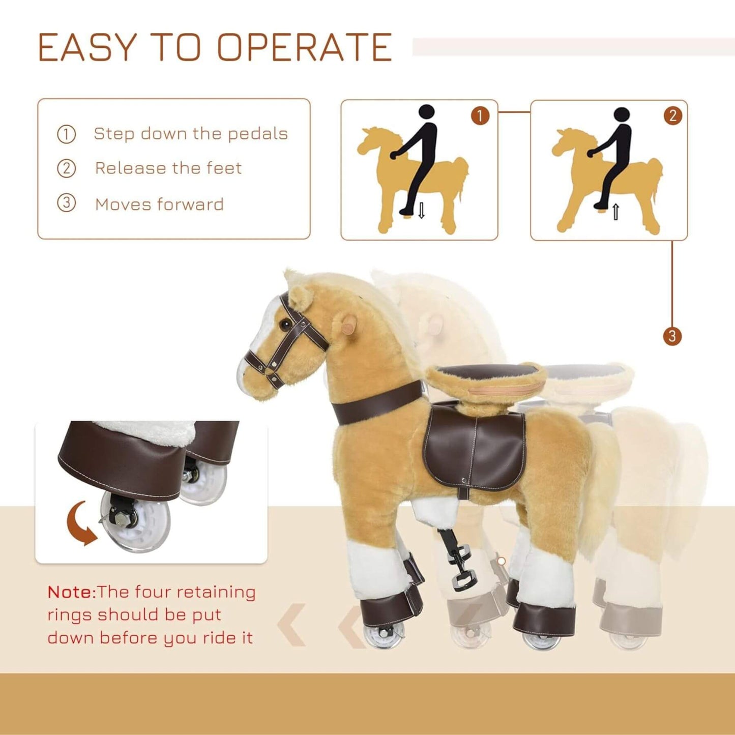 Qaba Ride-on Walking Rolling Kids Horse Brown and operating instructions on a beige background