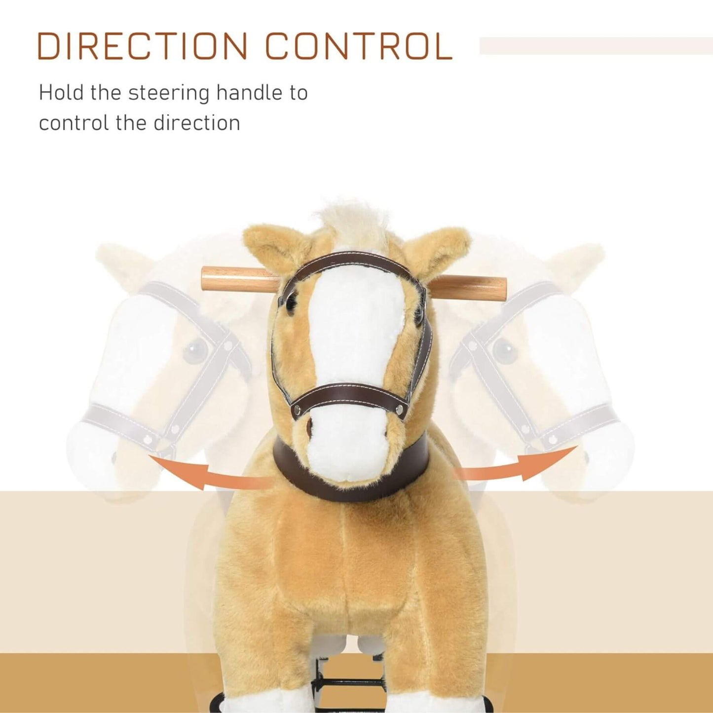 Plush toy horse with steering handle and text on direction control