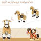 Qaba Ride-on Walking Rolling Kids Horse Brown with saddle and cartoon character on a beige background