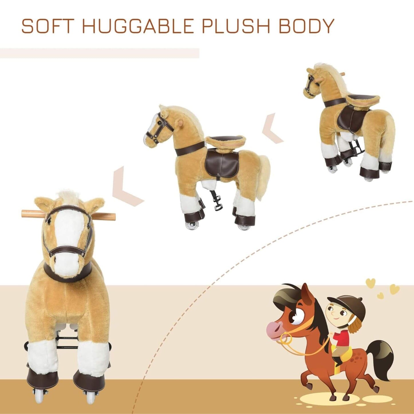 Qaba Ride-on Walking Rolling Kids Horse Brown with saddle and cartoon character on a beige background