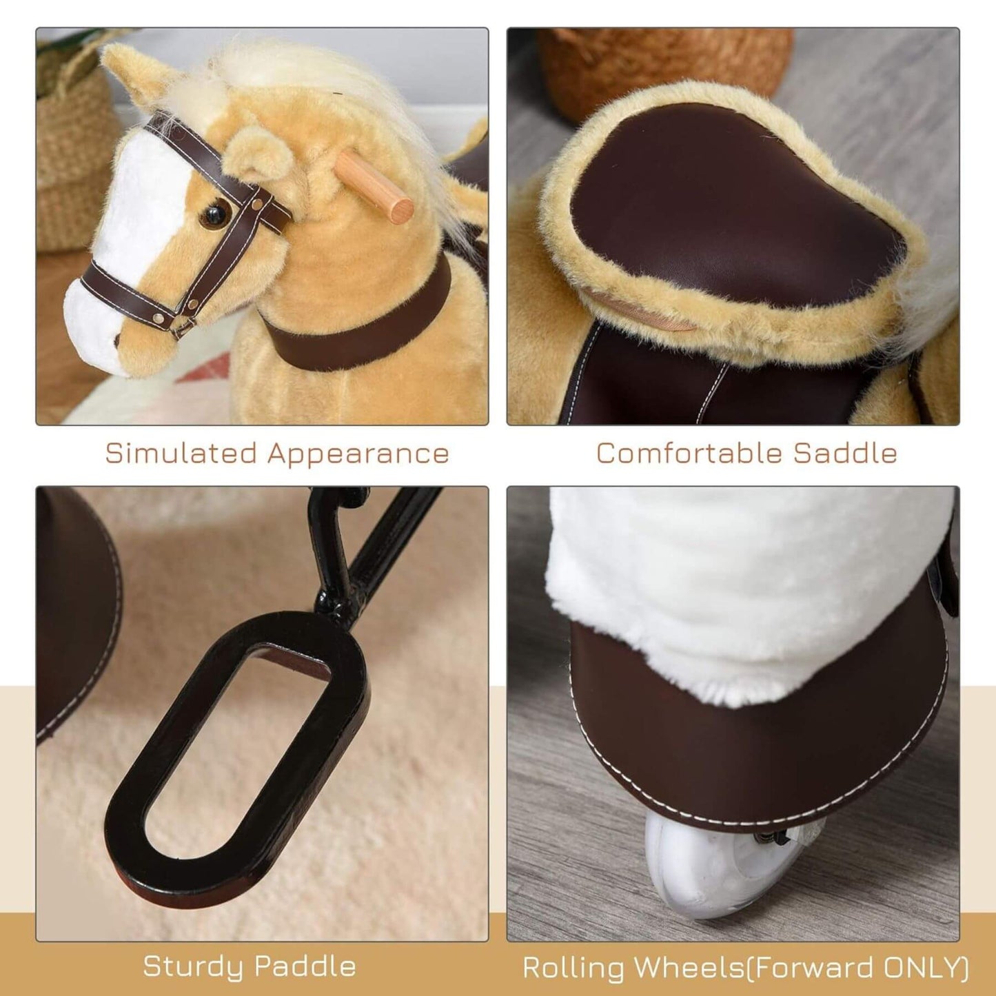 Collage of a plush toy horse with features labeled: Simulated Appearance, Comfortable Saddle, Sturdy Paddle, and Rolling Wheels.