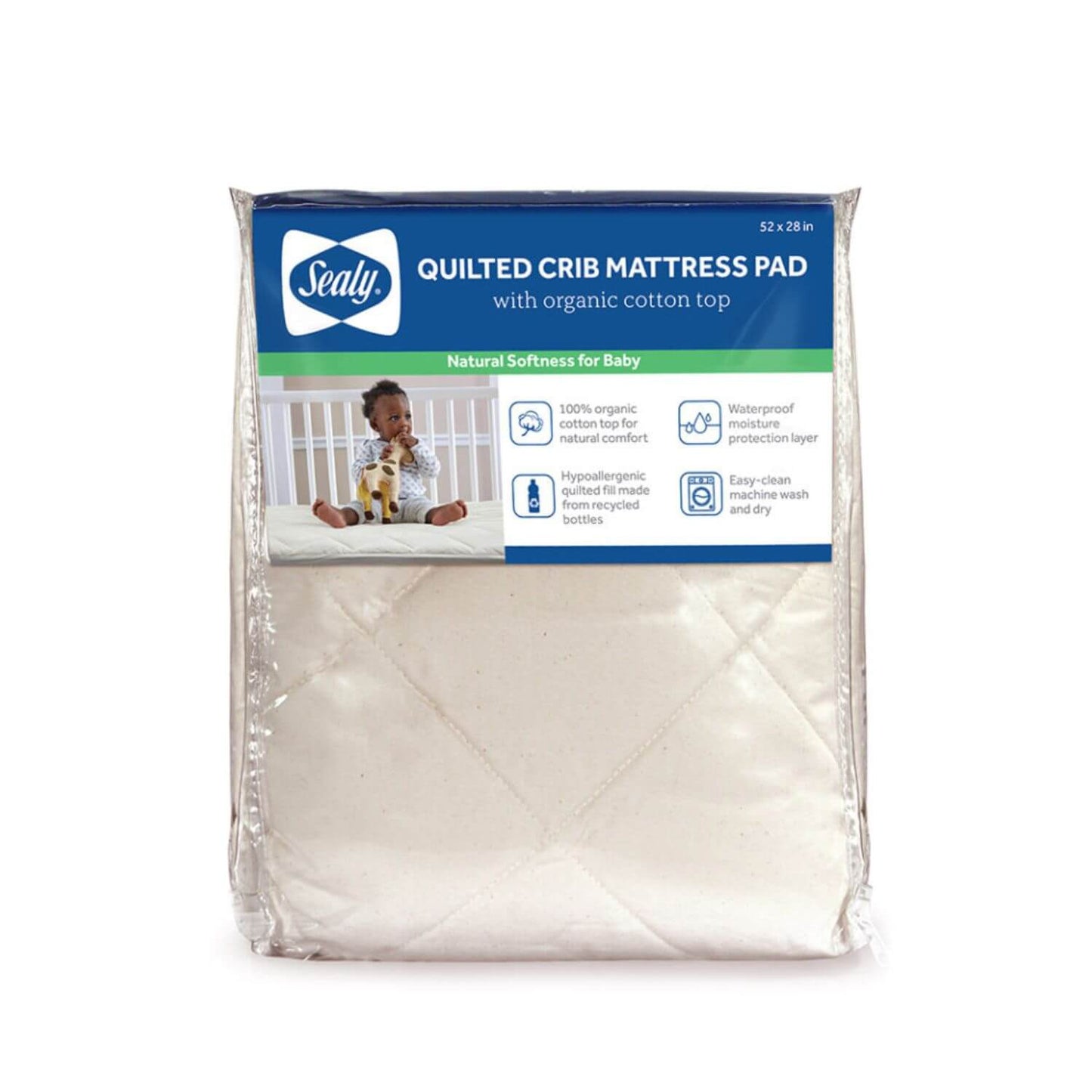 Sealy Quilted Fitted Crib Mattress Pad with Organic Cotton Top