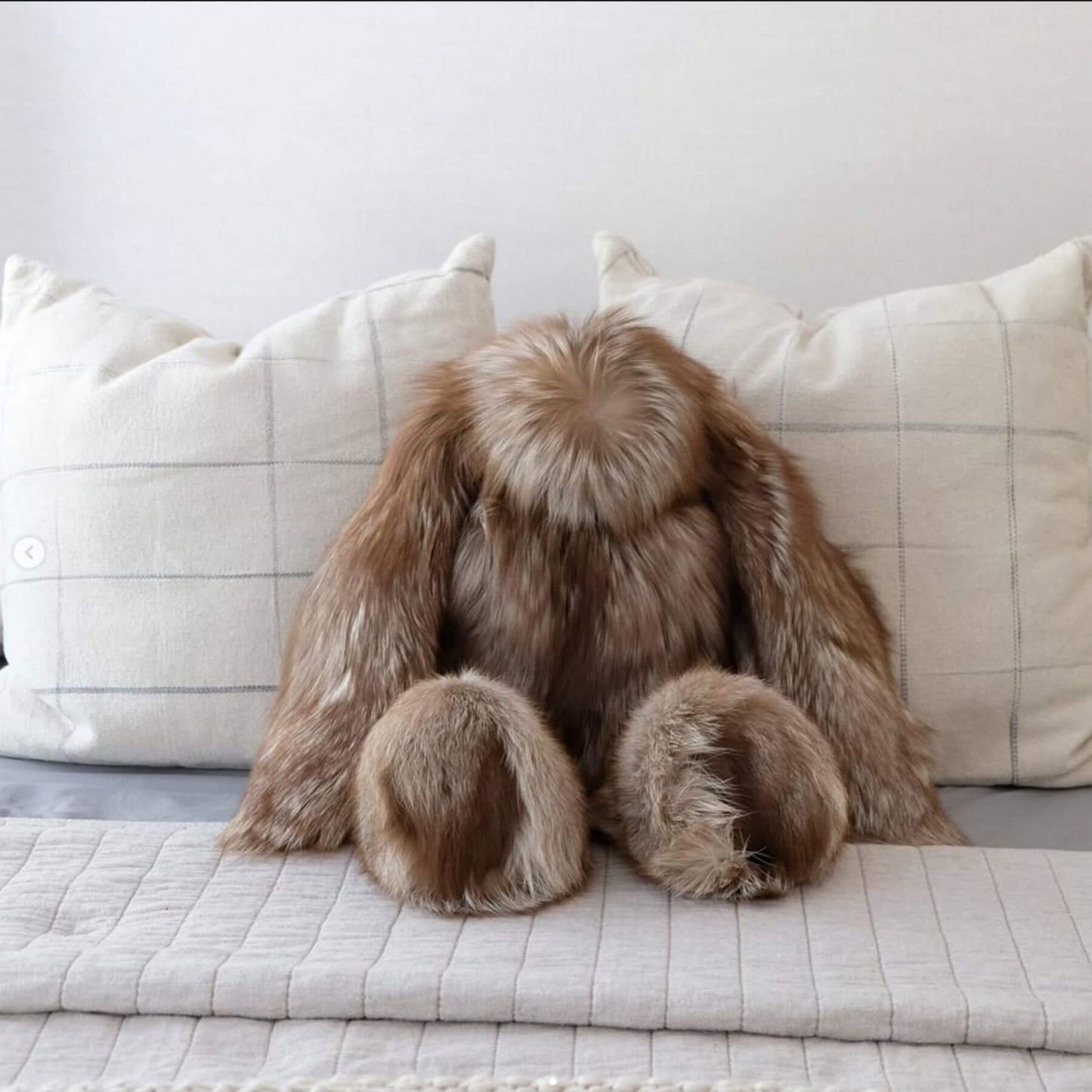 Rabbit Teddy light brown on a bed with white pillows