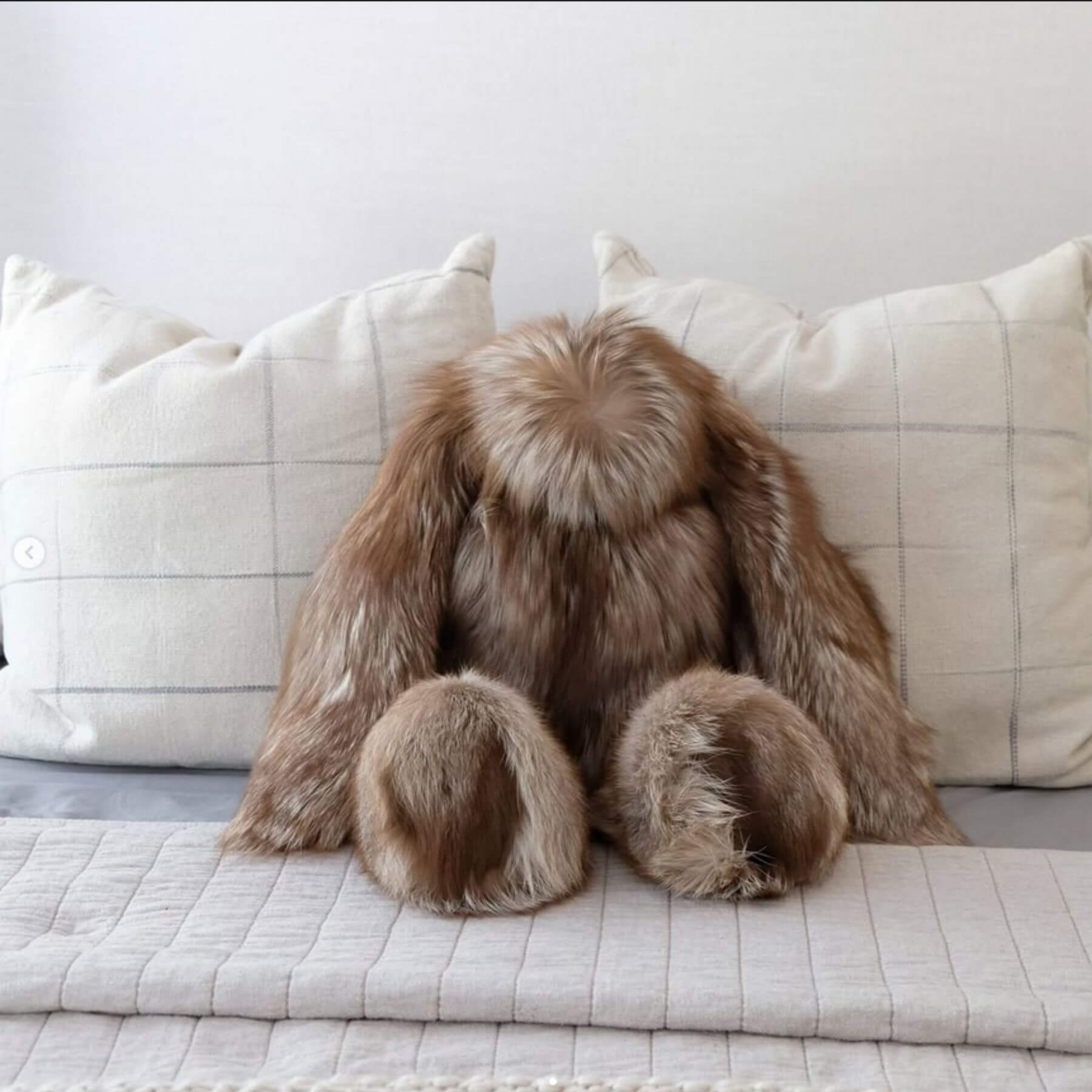 Rabbit Teddy light brown on a bed with white pillows