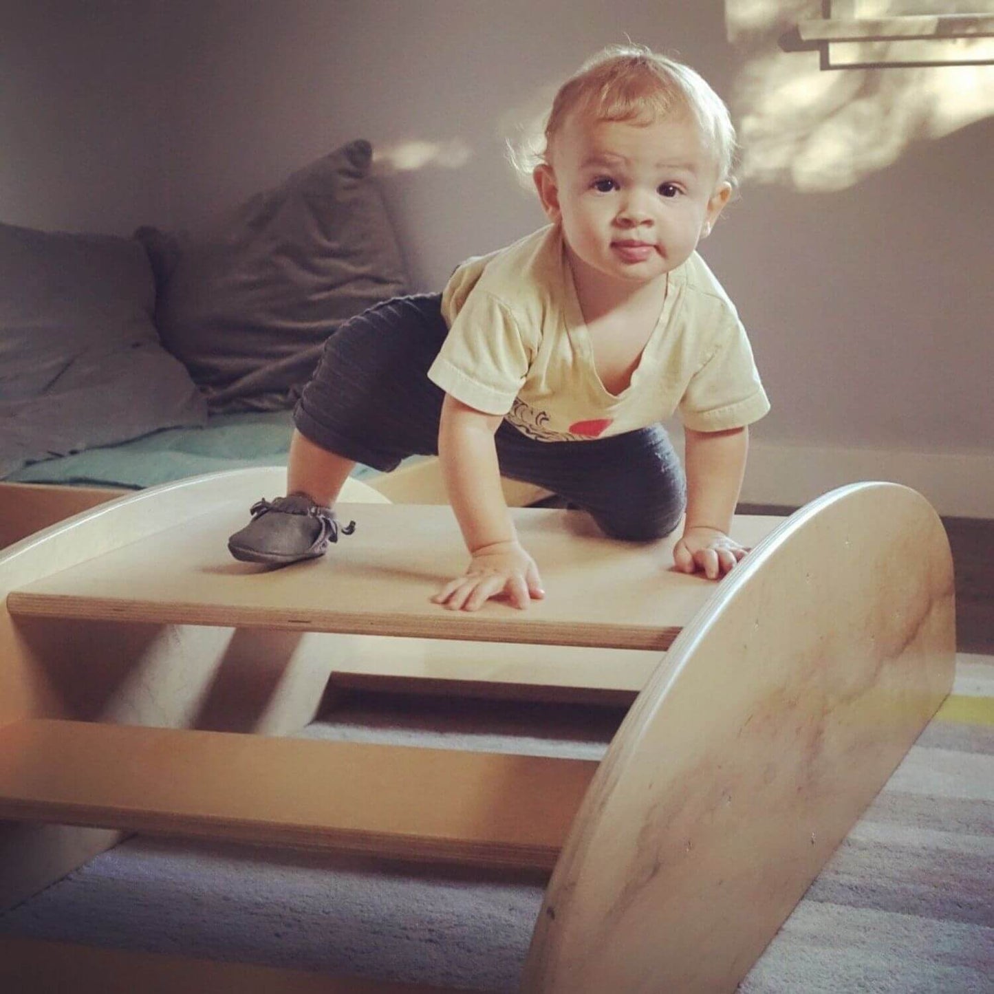 Kid Climbing on RAD Children's Furniture Rocking Boat / Steps