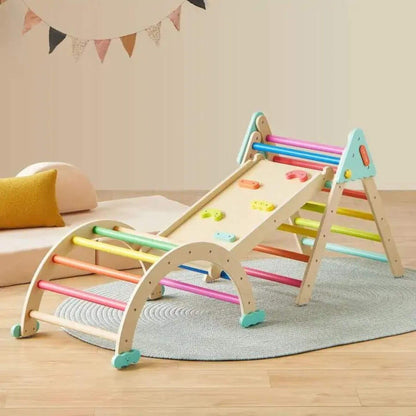 Tiny Land® 7-in-1 Rainbow Pikler Triangle Set in a room setting.