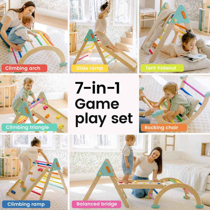 Collage of a 7-in-1 game play set with various features and children using it.