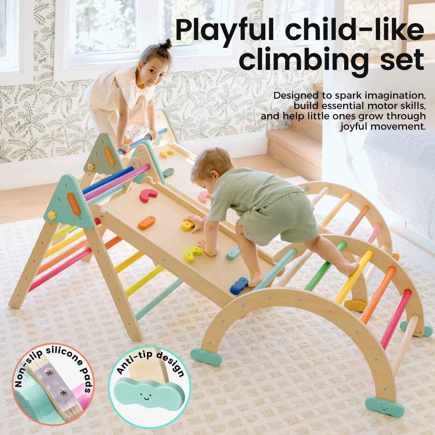 Children playing with Tiny Land® 7-in-1 Rainbow Pikler Triangle Set in a room.