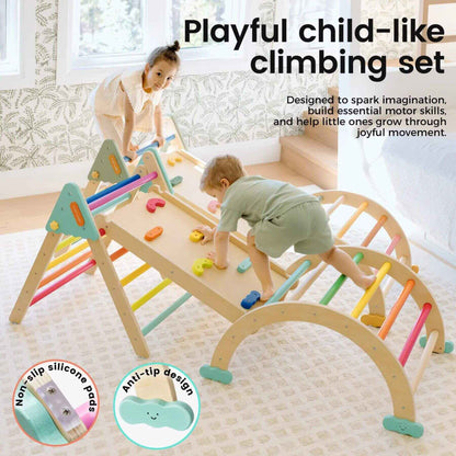 Children playing with Tiny Land® 7-in-1 Rainbow Pikler Triangle Set in a room.