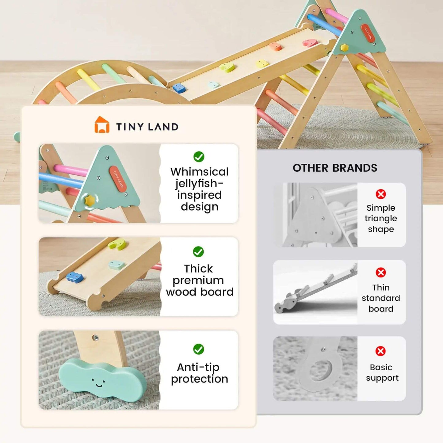 Wooden climbing toy with features highlighted by Tiny Land, comparing it to other brands.