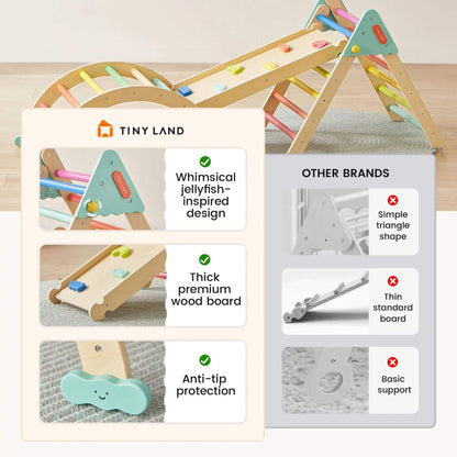 Wooden climbing toy with features highlighted by Tiny Land, comparing it to other brands.