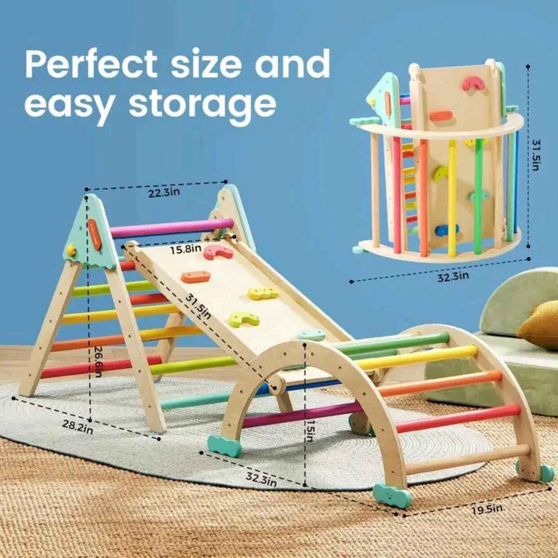 Wooden play structure with colorful bars and slide, labeled 'Perfect size and easy storage', on a blue background.