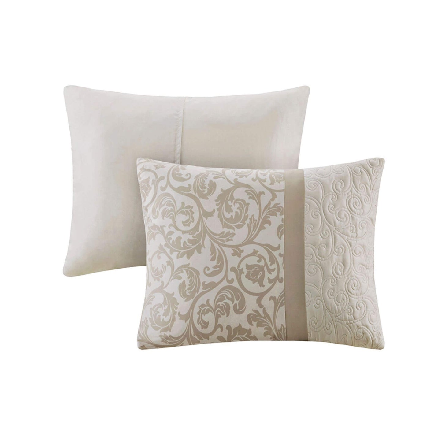 Two decorative pillows, one plain and one with a floral pattern, on a white background.