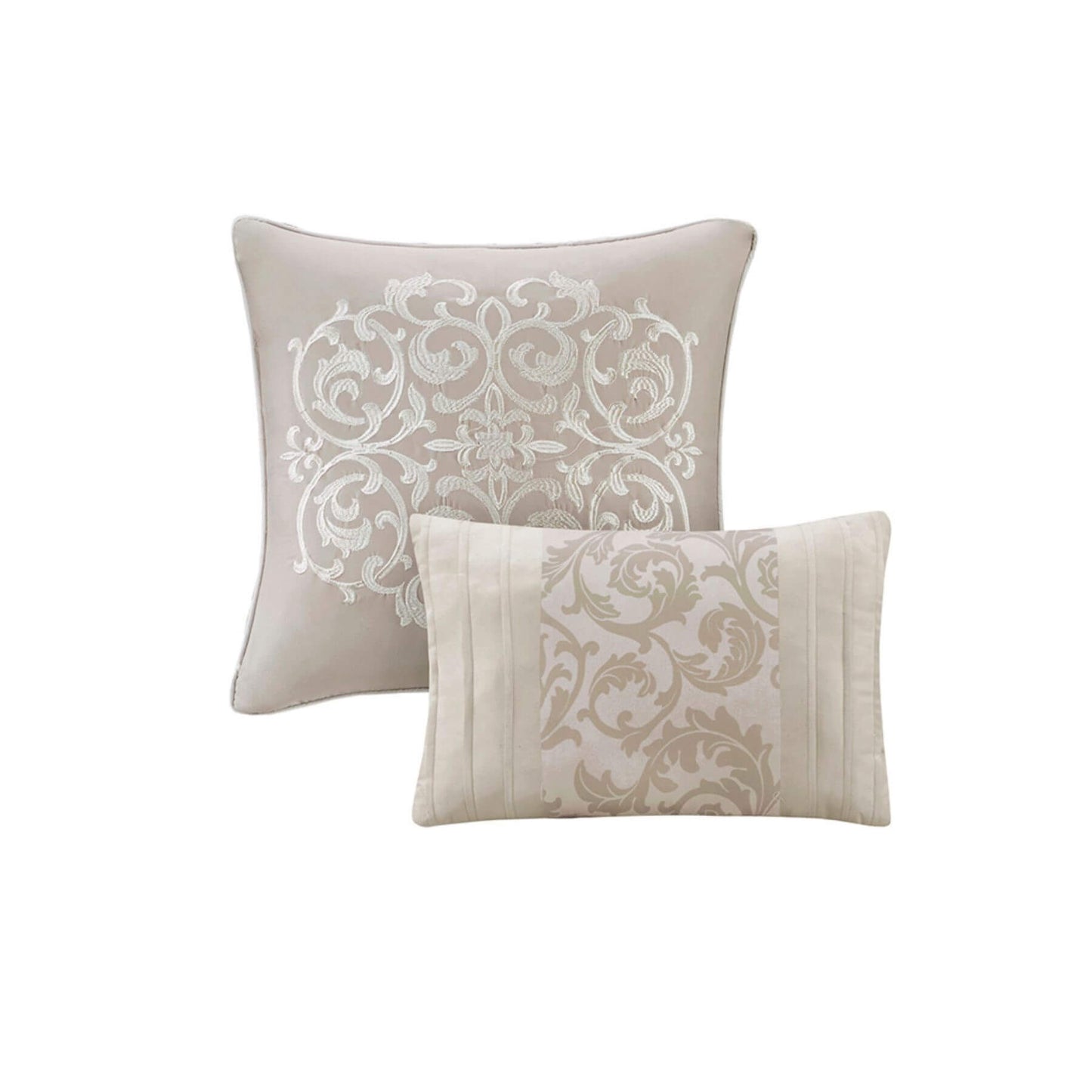 Two decorative pillows with floral patterns on a white background