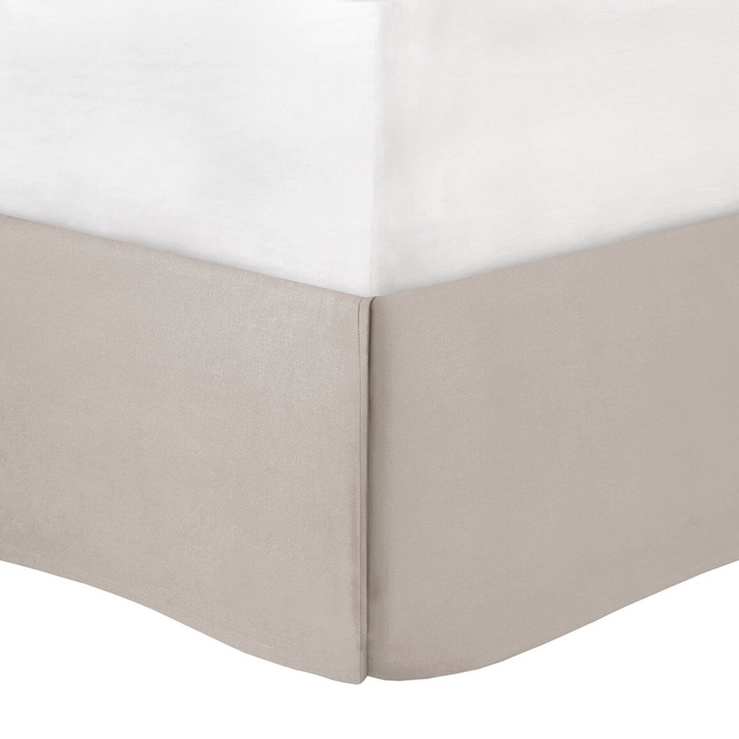 Beige bed skirt on a white bed frame