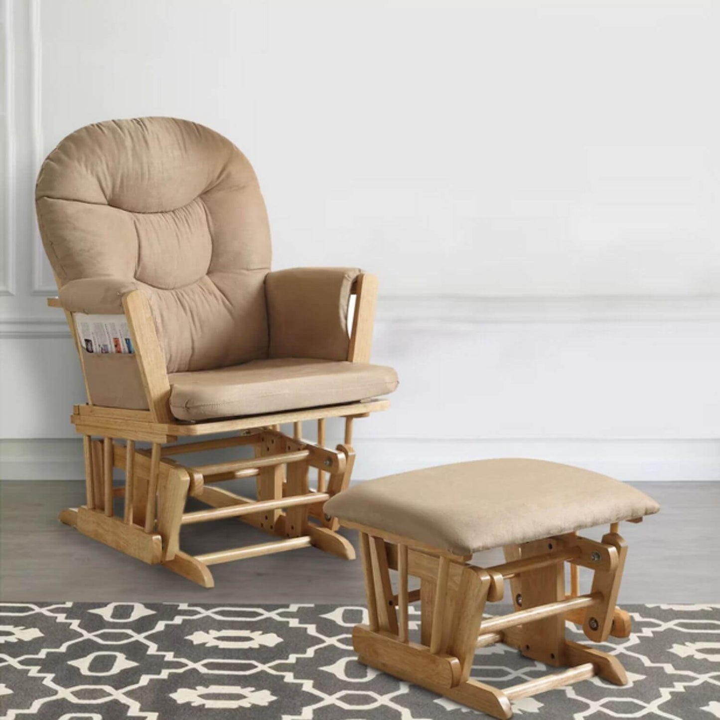 Benzara Rehan Glider Chair & Ottoman Set | Brown & Natural Oak