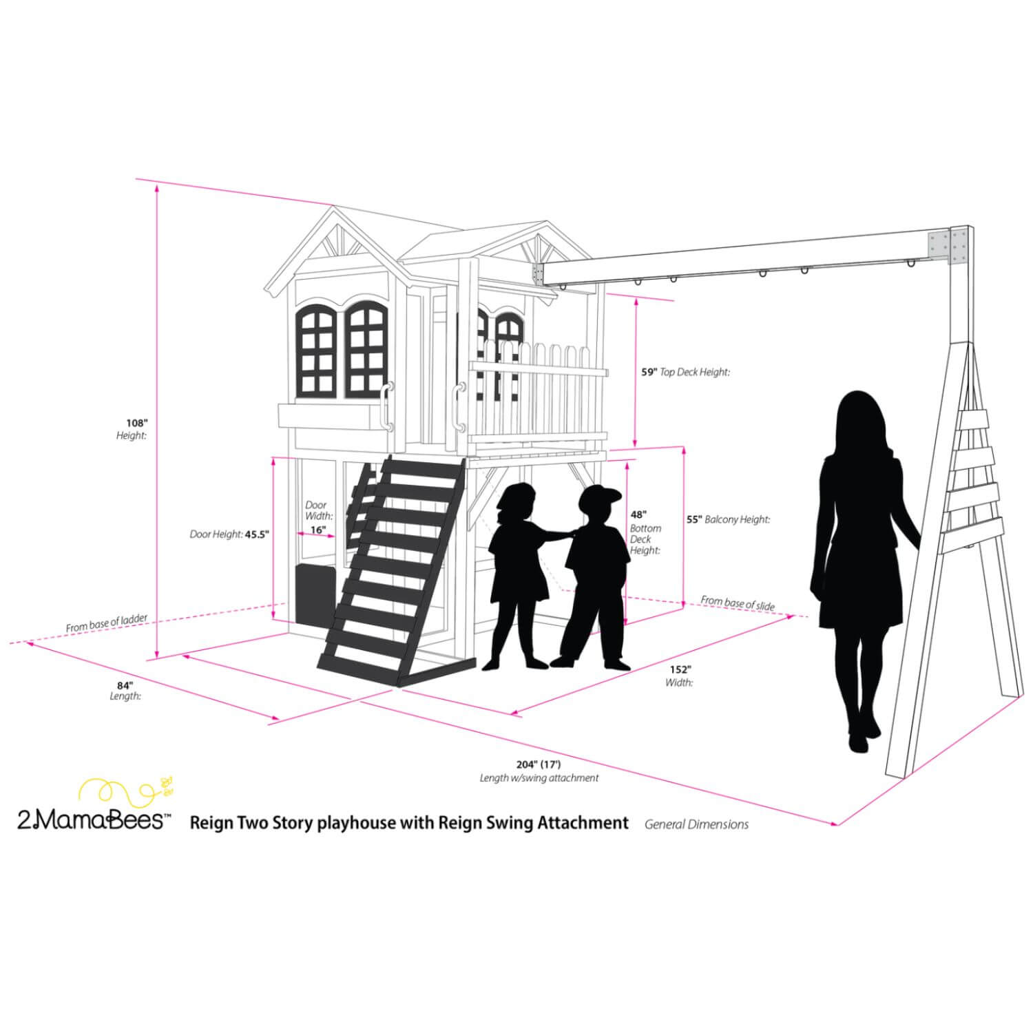 2MamaBees Reign Two Story Playhouse with Reign Swing Attachment - Dimensions