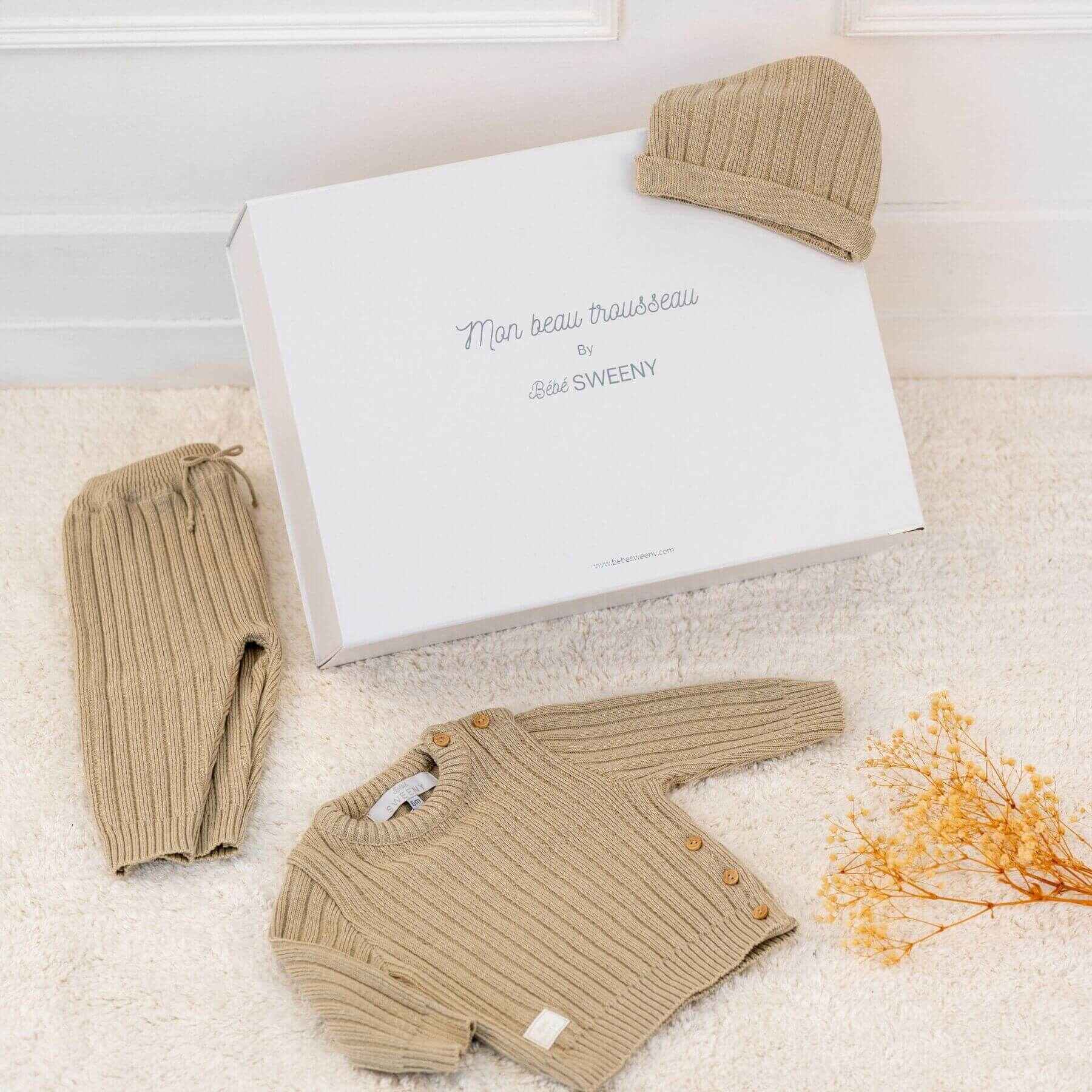 REMY | Beige Ribbed Knit Leggings Set with a white box, with 'SWEENEY' branding.