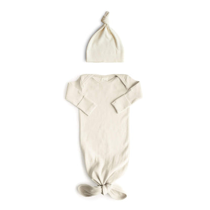 Mushie Ribbed Knotted Baby Gown + Beanie Set - Ivory