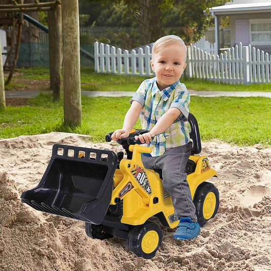 Boy Riding HOMCOM 3-in-1 Ride On Toy Bulldozer Digger Tractor Pulling Cart