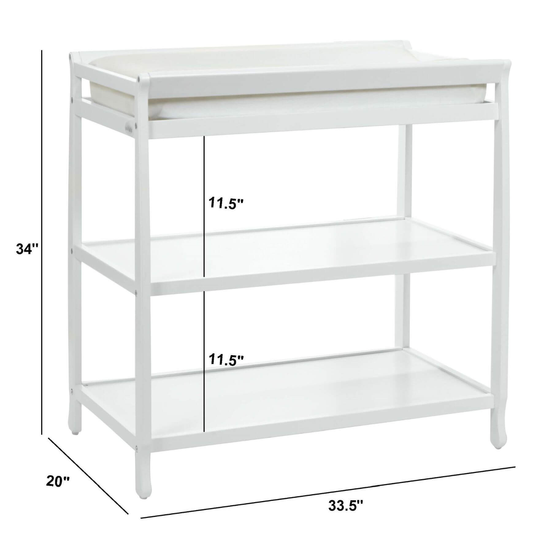 White changing table with dimensions labeled on a white background