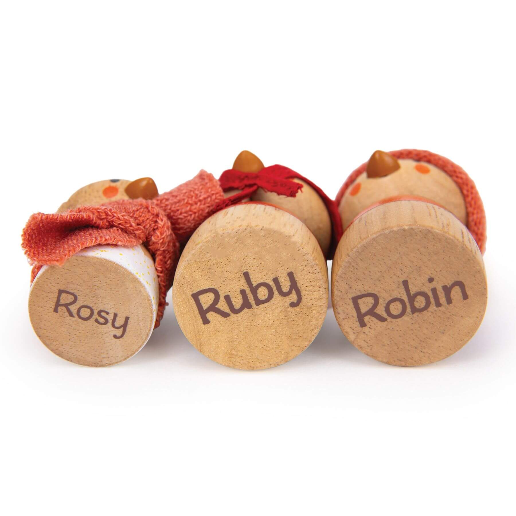 Three wooden toys labeled 'Rosy', 'Ruby', and 'Robin' on a white background
