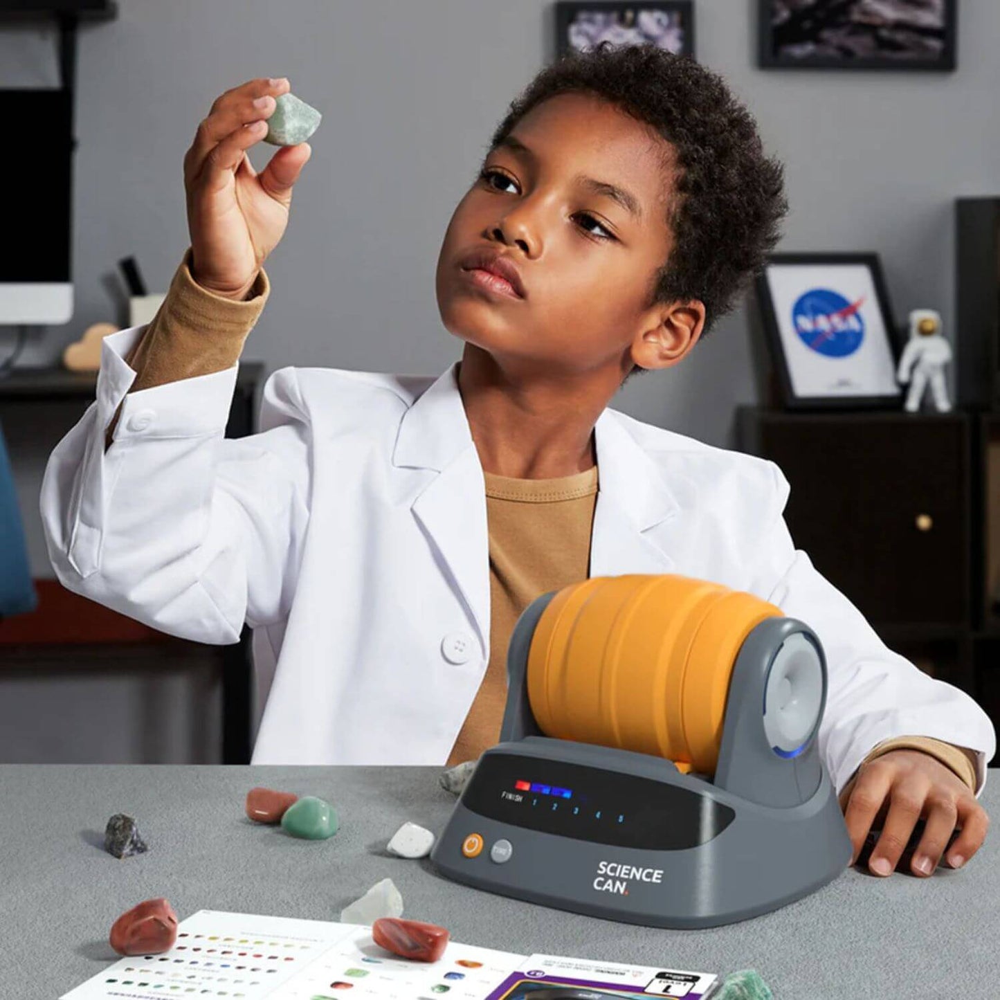 Boy Using Science Can Rock Tumbler-World Geology Gem