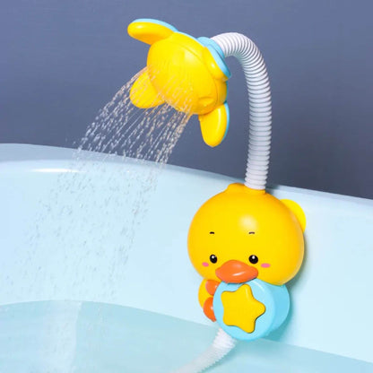 Yellow duck bath toy with a shower head in a bathtub