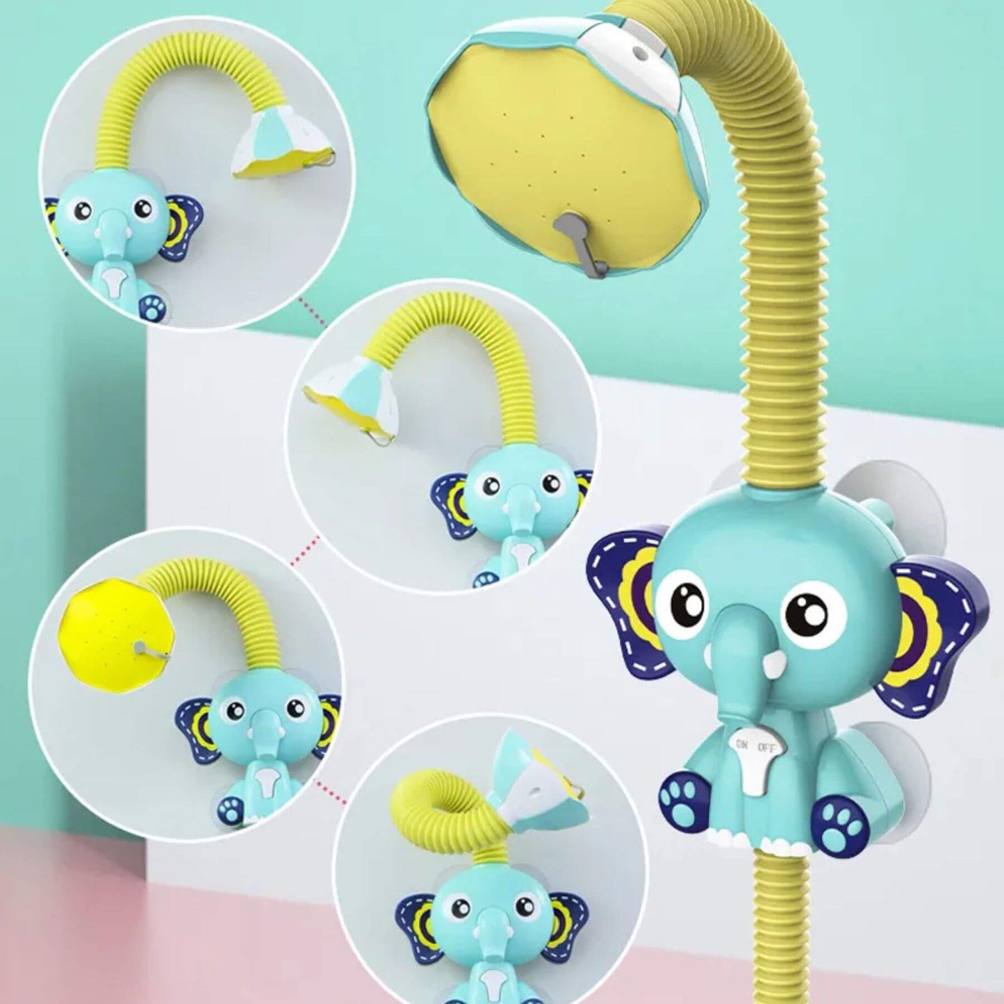Children's bath toy with elephant design and flexible hose on a light blue background