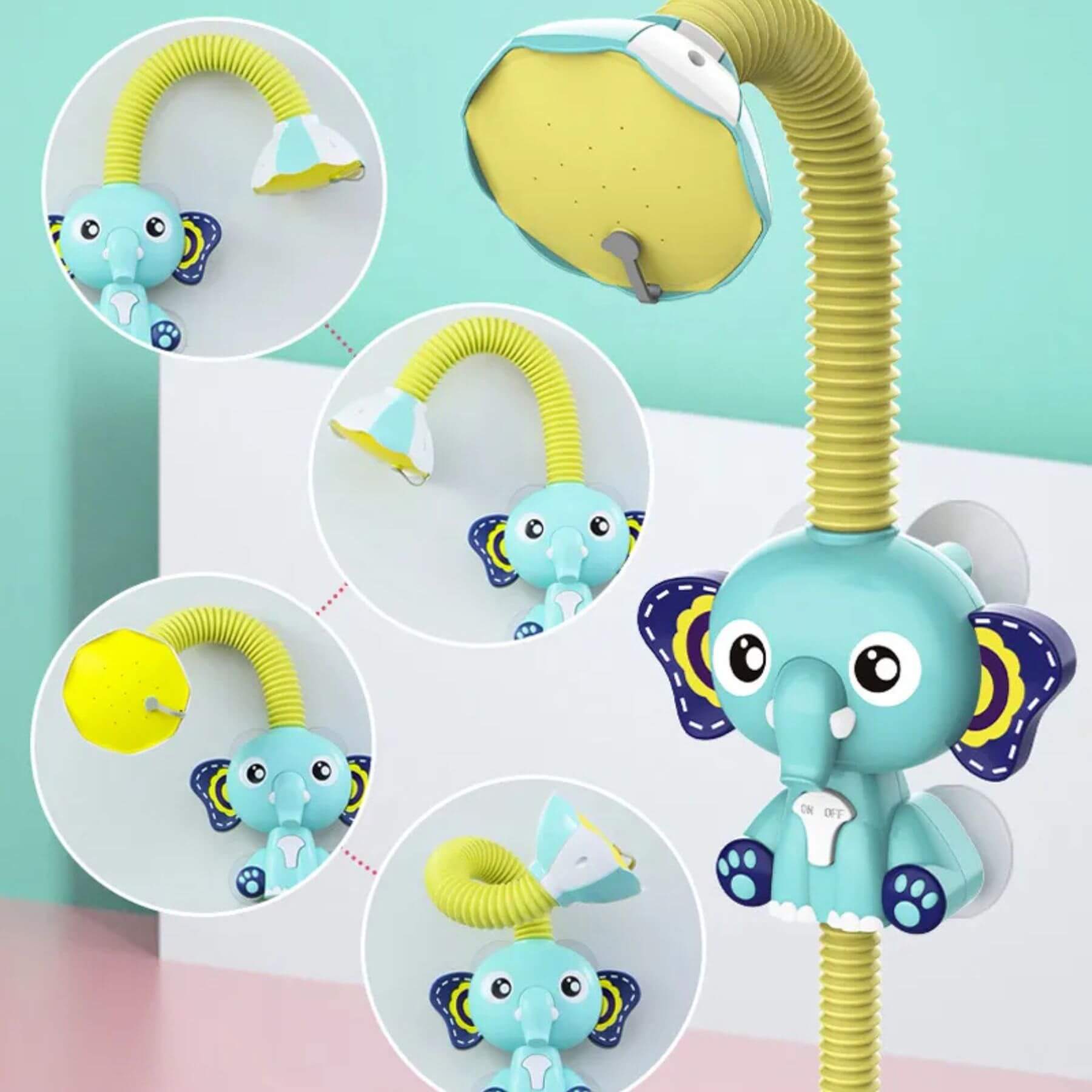 Children's bath toy with elephant design and flexible hose on a light blue background