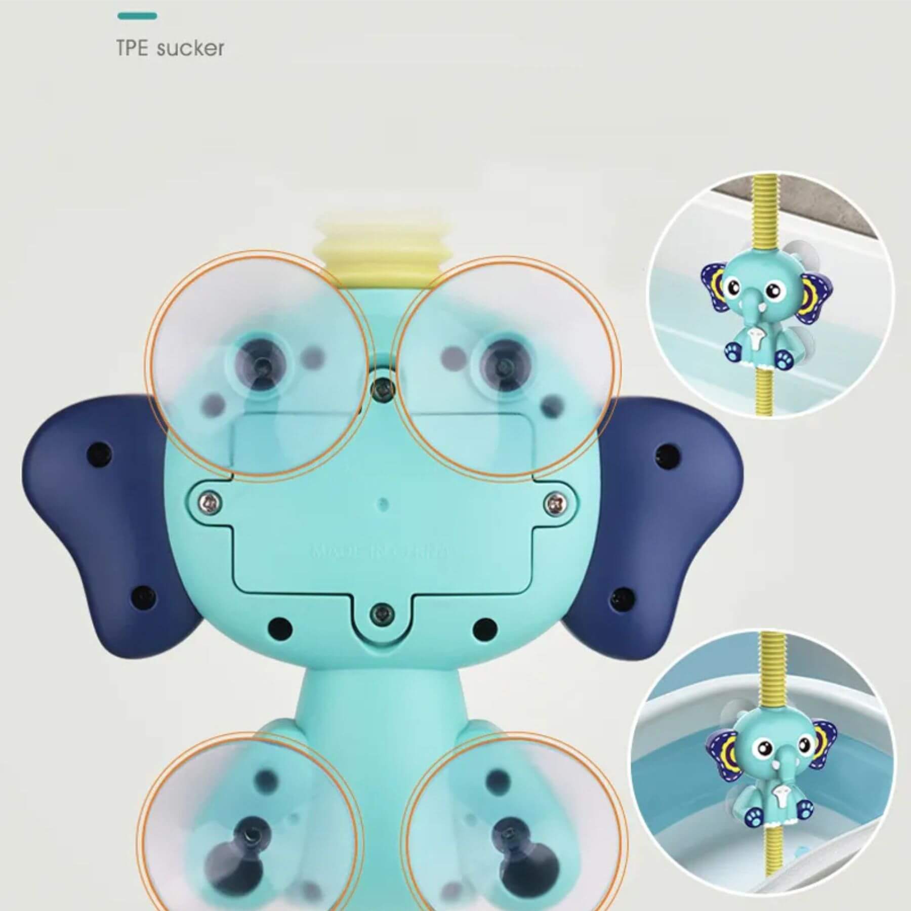 Toy elephant with suction cups on a white background