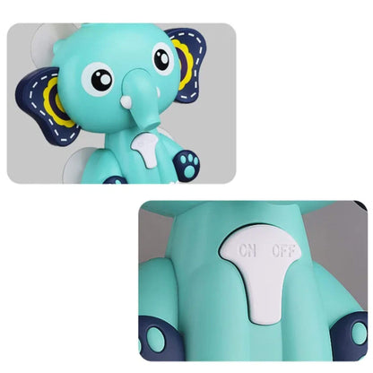 Teal elephant toy with on/off switch on a white background