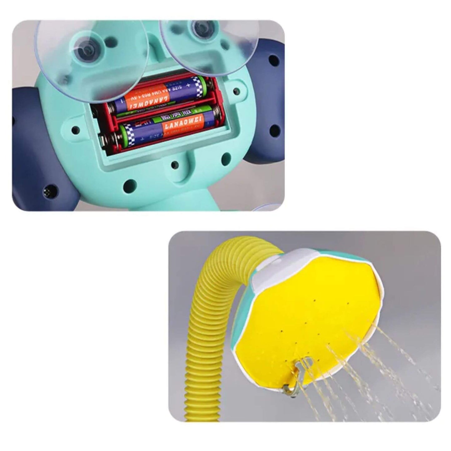 Toy water gun with battery compartment and yellow hose on a white background