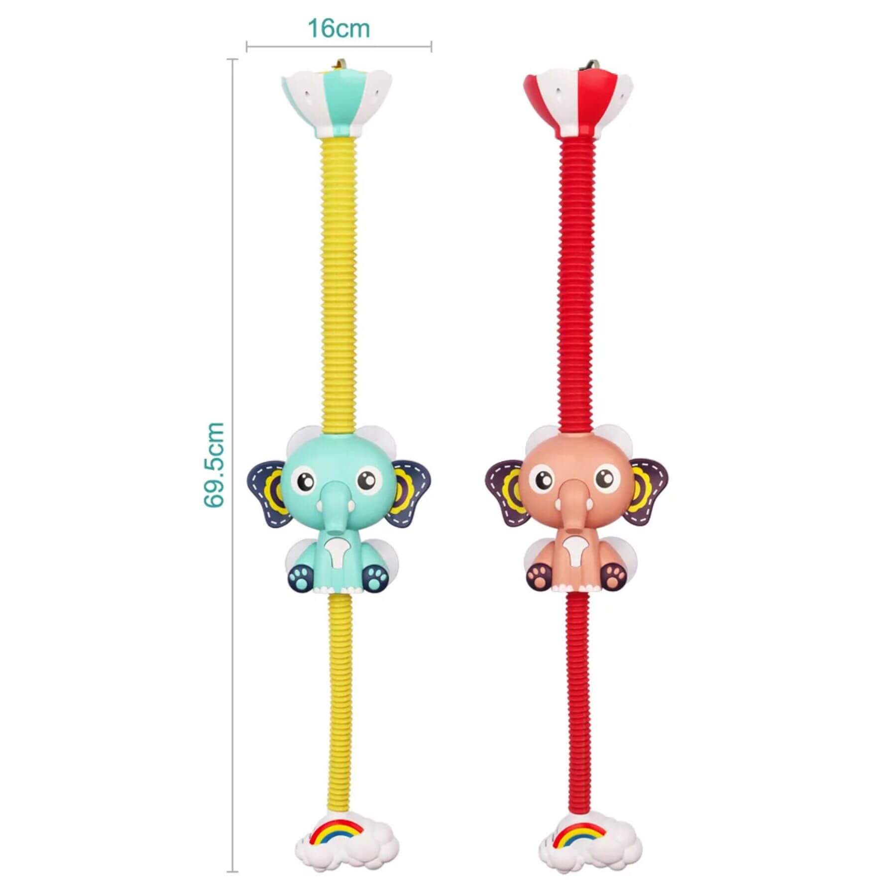 Two RocketBaby USA Bath Shower Toy, one green and one red, on a white background.