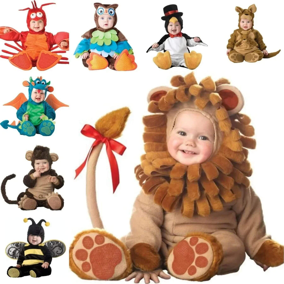 Collection of children in various animal costumes on a white background