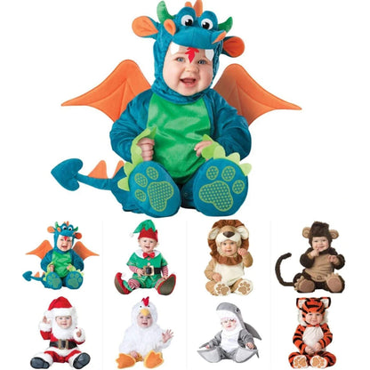 Collection of children in various animal costumes on a white background