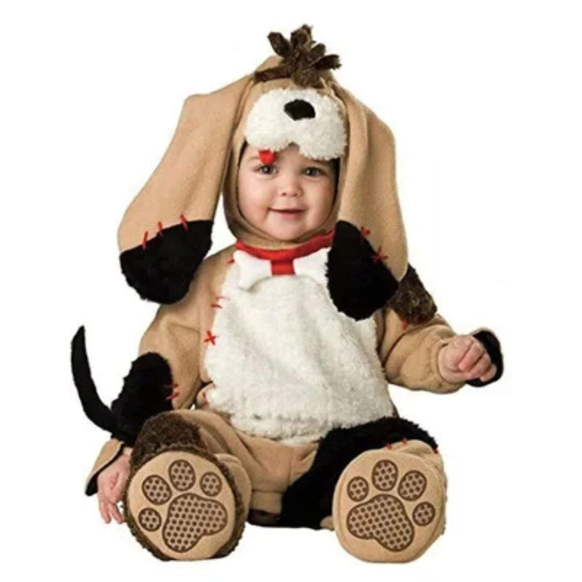 Child wearing a dog costume with a white face and black accents on a white background