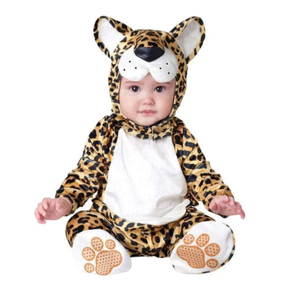Baby wearing a leopard costume with a white background