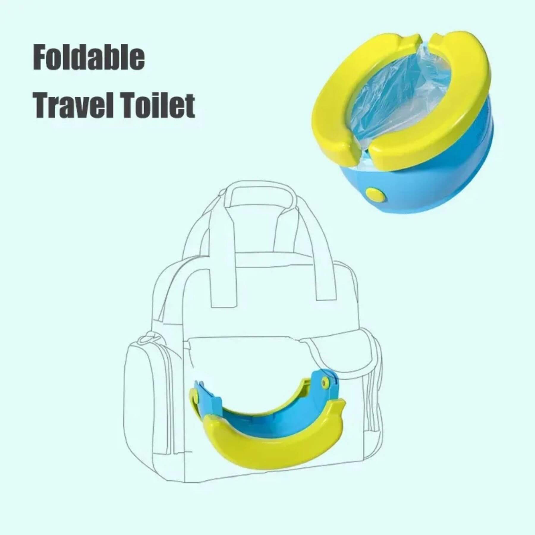 Foldable travel toilet with blue and yellow design on a light blue background