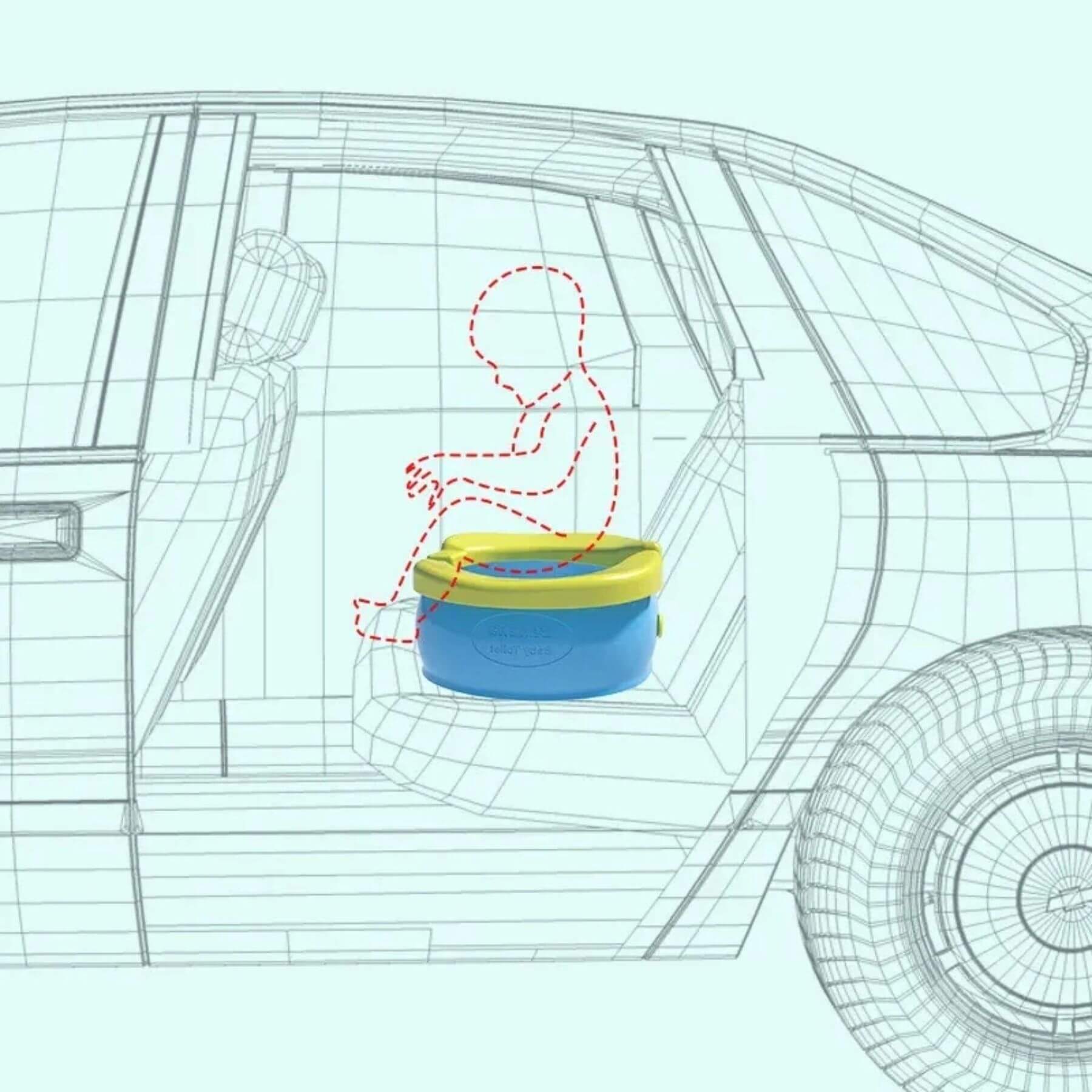 Child safety seat diagram inside a car with a child outline