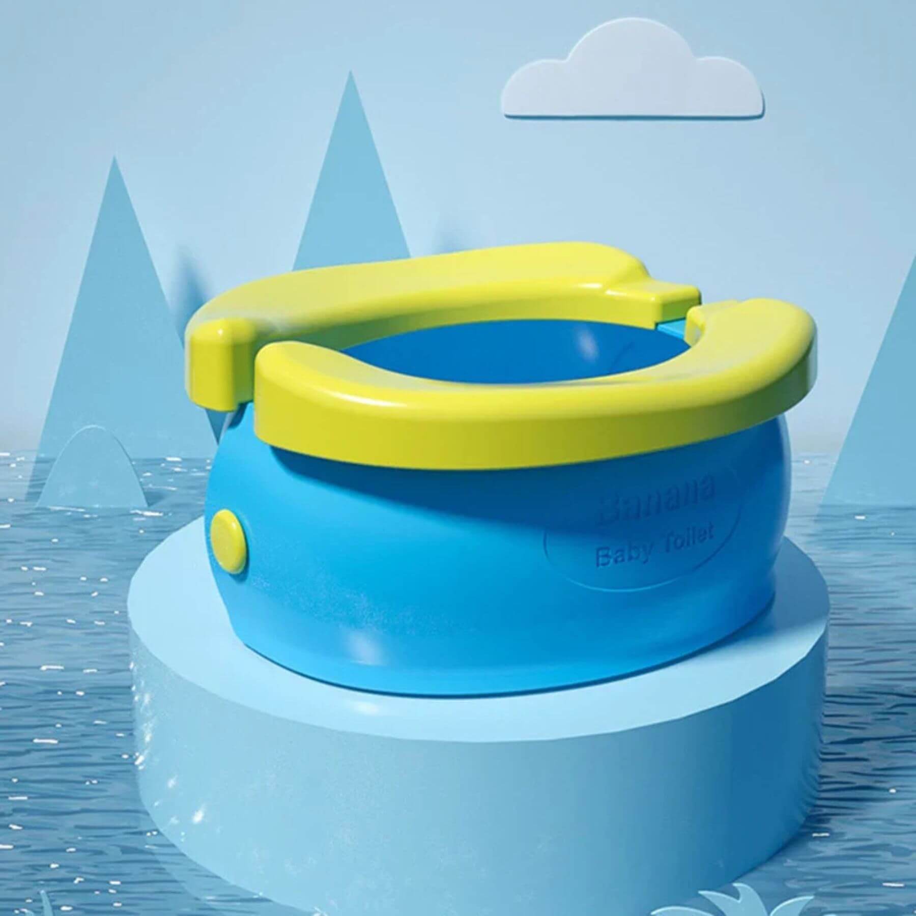 Blue and yellow potty seat on a blue background with water and trees.
