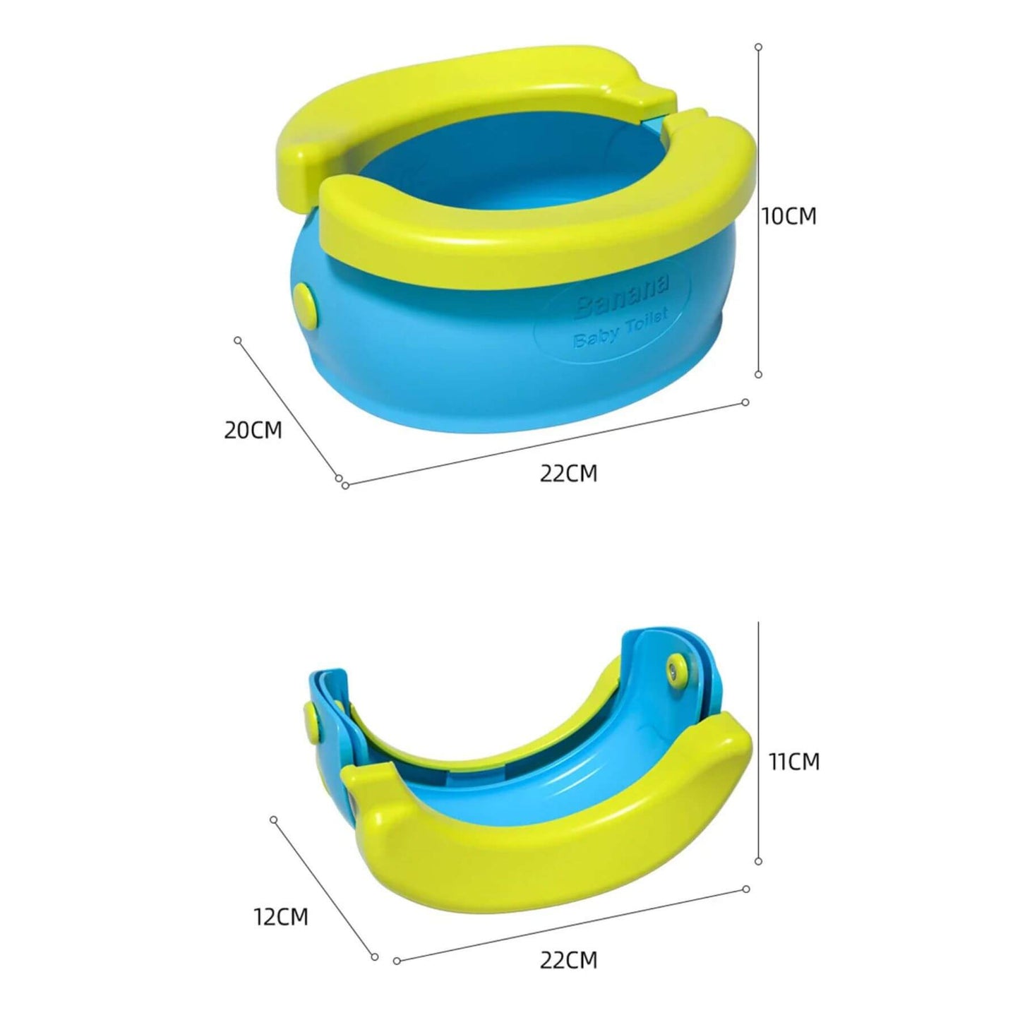 Blue and green baby toilet seat with dimensions on a white background