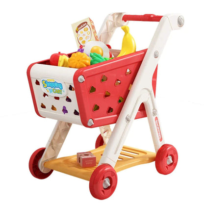 RocketBaby USA Shopping Cart Toy, filled with various toy groceries on a white background.