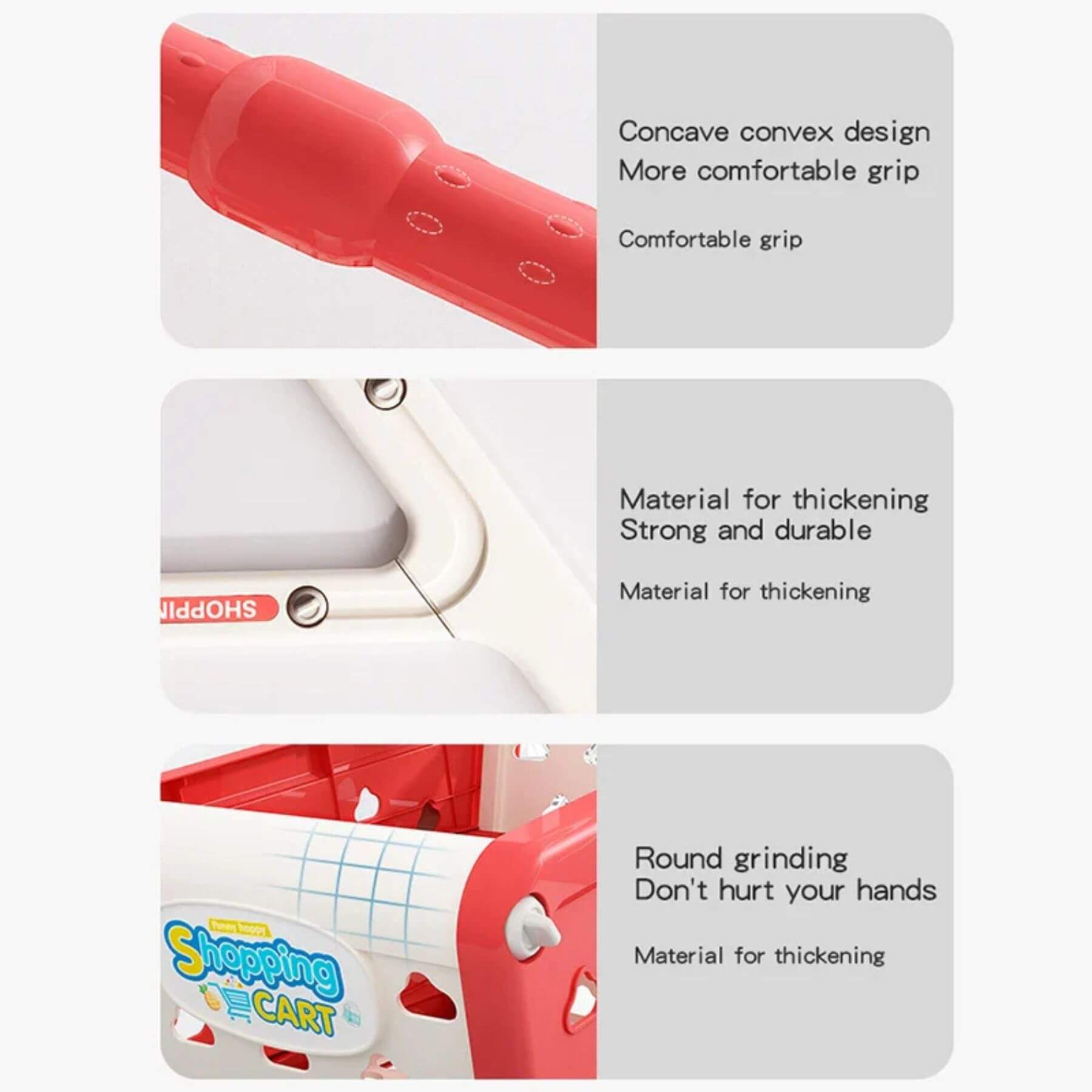 Red toy shopping cart with features highlighted on a white background