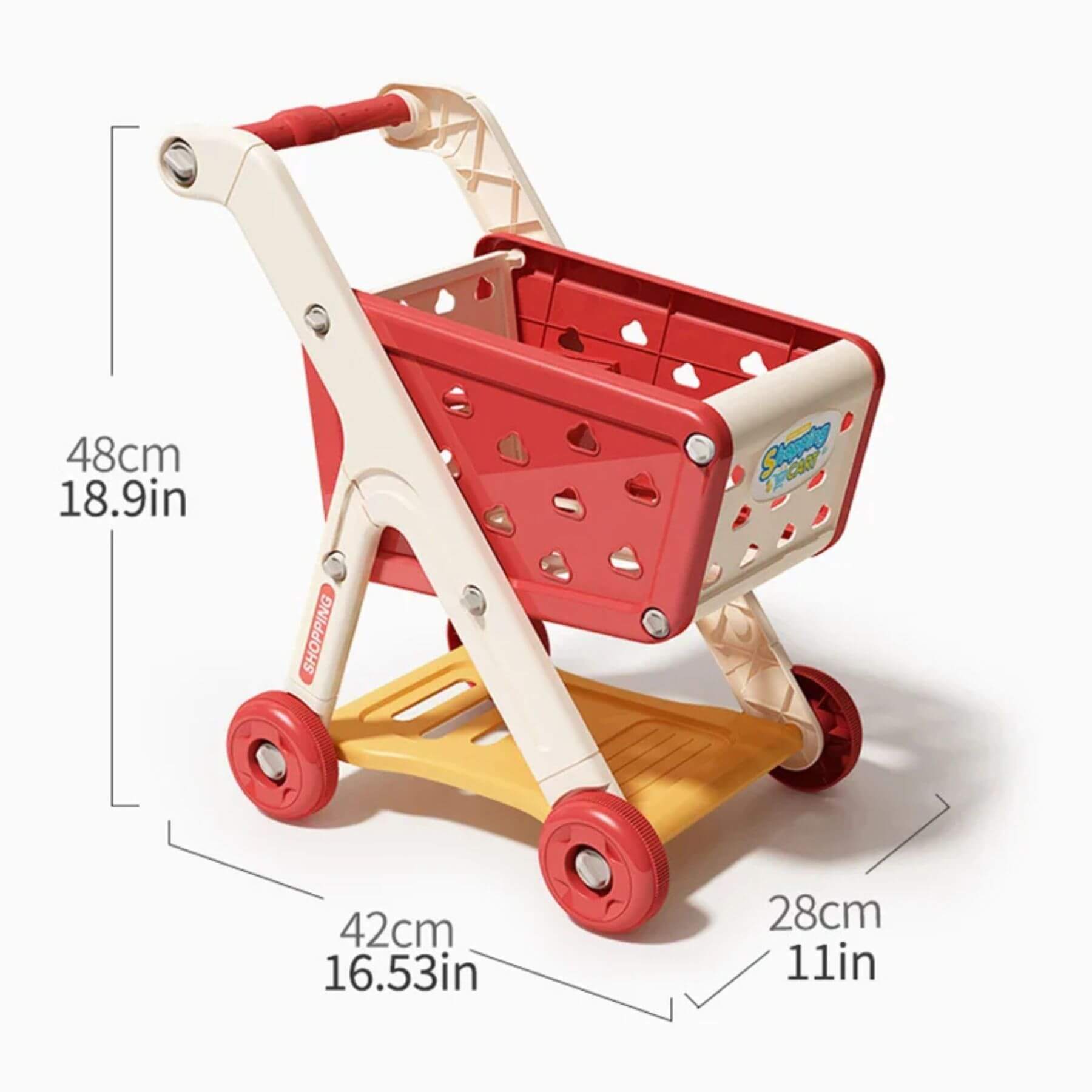 RocketBaby USA Shopping Cart Toy with dimensions on a white background