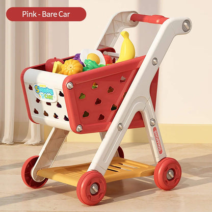 RocketBaby USA Shopping Cart Toy with colorful fruits and vegetables on a light wooden floor.