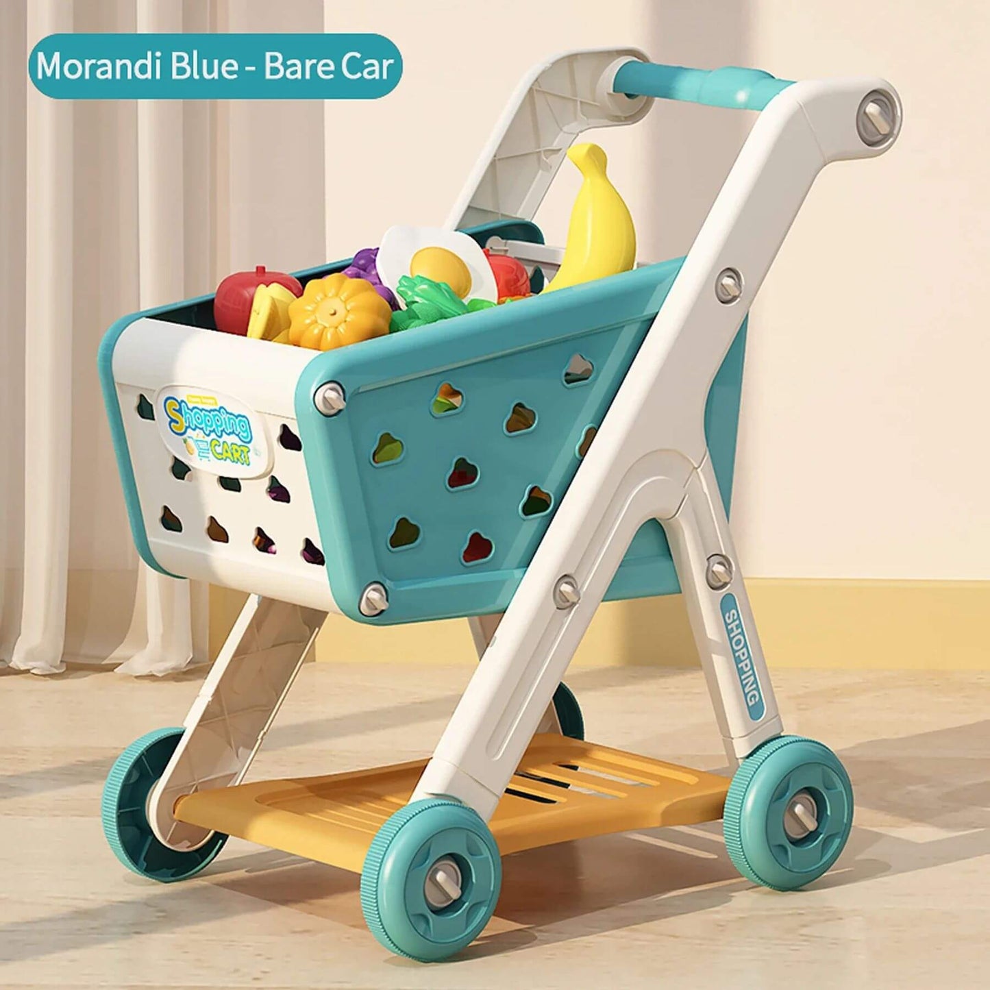 RocketBaby USA Shopping Cart Toy with colorful fruits and vegetables on a light wooden floor.