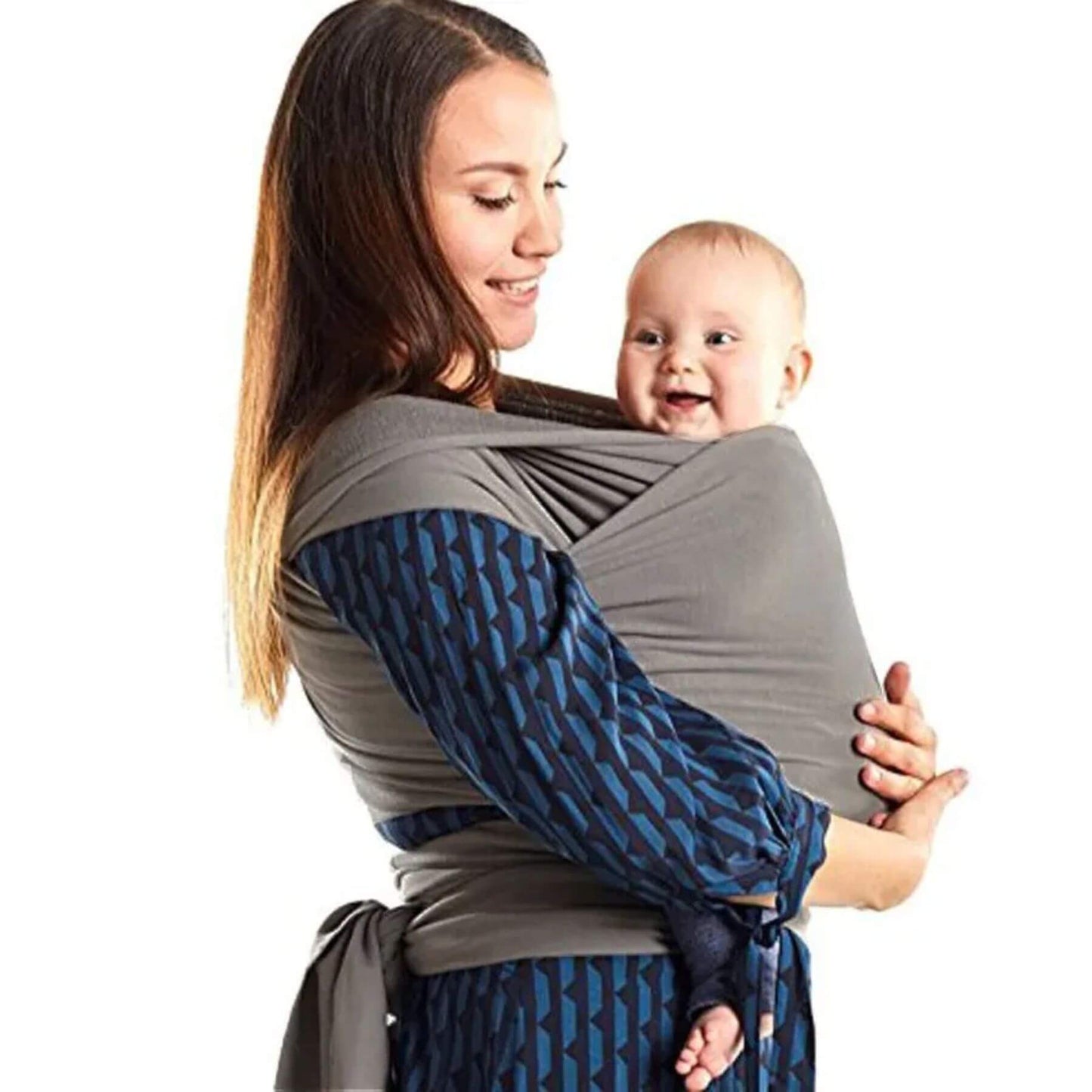 Woman holding a baby in RocketBaby USA Cotton Baby Wrap against a white background