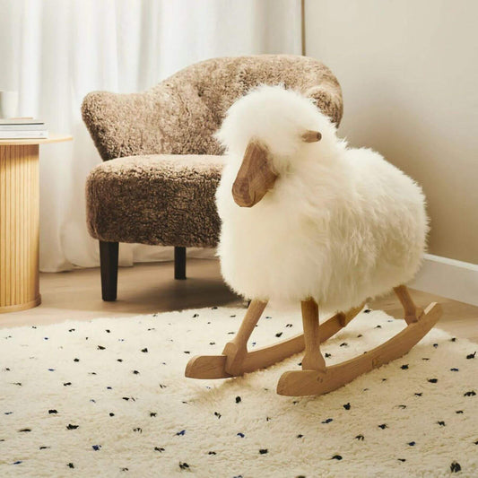 Rocking Sheep made of Pine Wood covered with Sheepskin, Short Wool, Off White