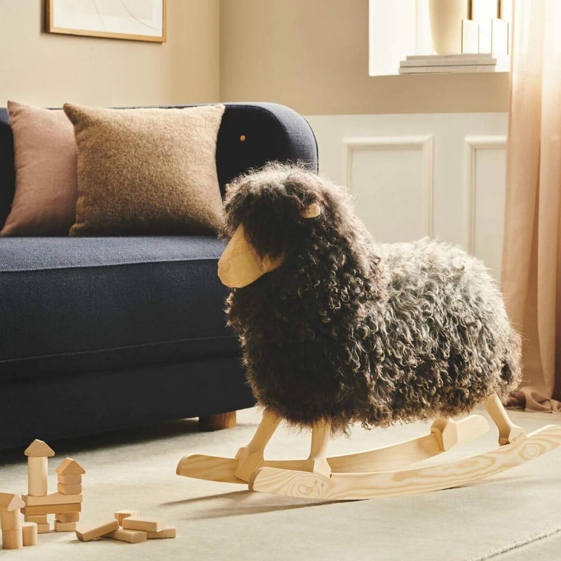 Rocking Sheep Made of Pine Wood Covered with Gotland Curly Sheepskin, Natural Grey